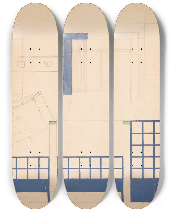 Triptych art skateboard deck of Winold Reiss Designs For Unidentified Restaurant Interior Possibly Elyse Restaurant 1 East 56Th St New York Ny Drawing Of Restaurant Details by Winold Reiss (1886-1953)