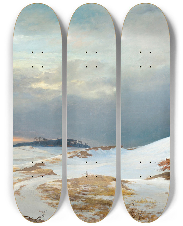 Triptych art skateboard deck of Johan Thomas Lundbye Winter Landscape With Northern Zealand Character by Johan Thomas Lundbye (1818-1848)