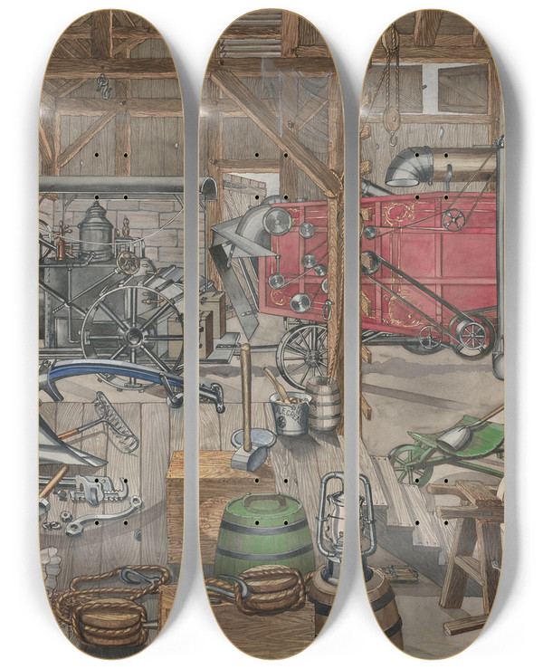 Triptych art skateboard deck of Perkins Harnly Barn Gangway by Perkins Harnly (1901-1986)