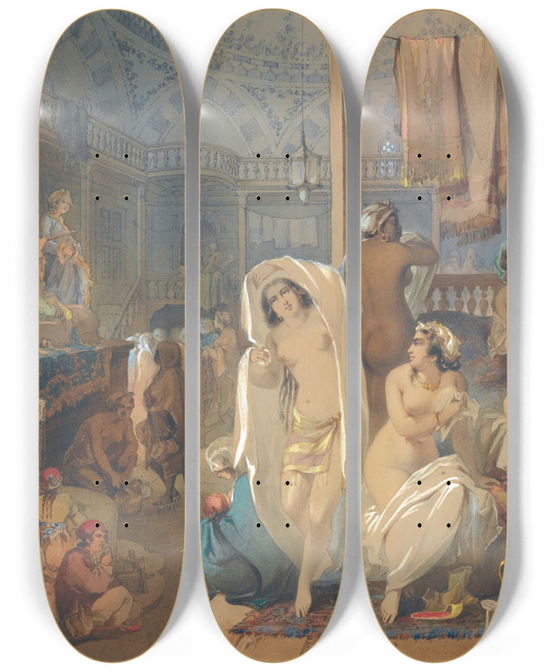 Triptych art skateboard deck of Amadeo Preziosi In The Hammam by Amadeo Preziosi (1816-1882)