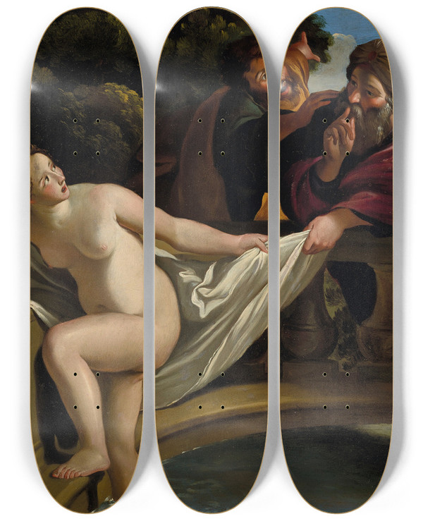 Triptych art skateboard deck of Giovanni Lanfranco Susanna And The Elders by Giovanni Lanfranco (1582-1647)