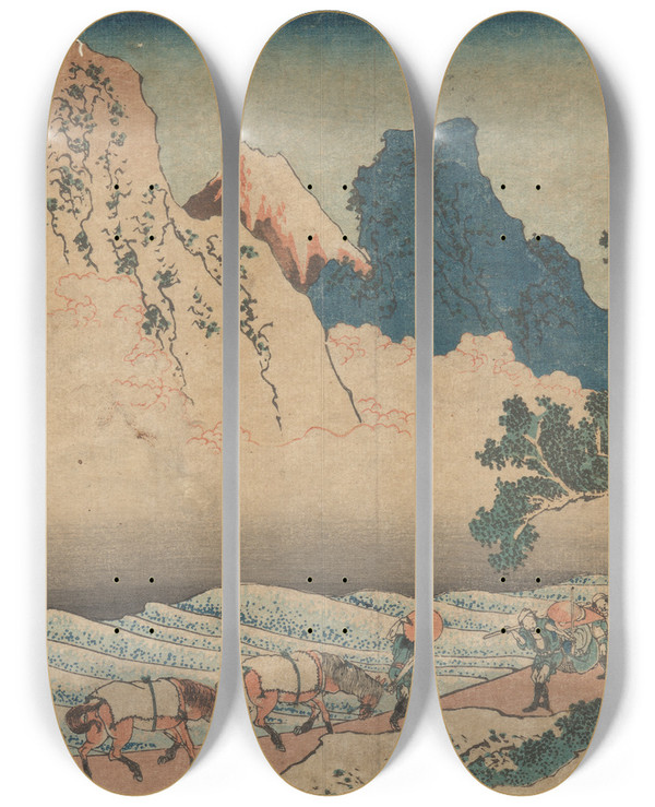 Triptych art skateboard deck of Katsushika Hokusai Fuji Behind Minobu River Minobu Gawa Ura Fuji by Katsushika Hokusai (1760-1849)