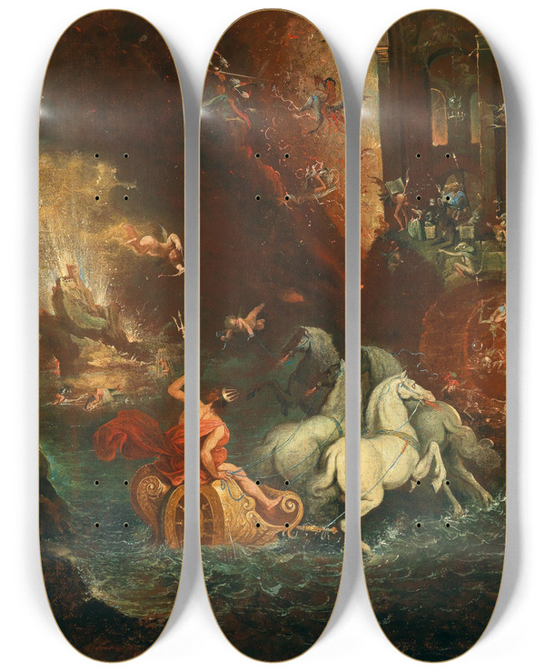 Triptych art skateboard deck of School Of The Netherlands A Fantastical Scene Including Venus With Cupid And Neptune In His Chariot by School of the Netherlands