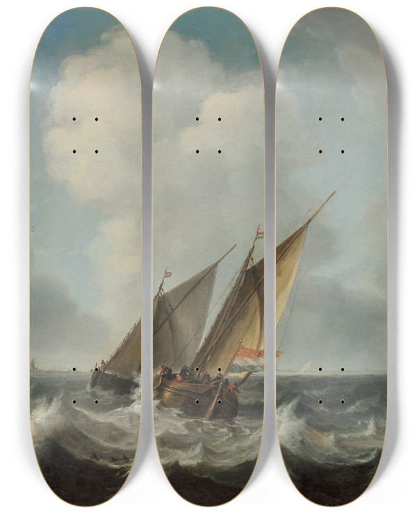Triptych art skateboard deck of Arnoldus Van Anthonissen Two Smalschips And A Rowing Boat On Choppy Waters A Manofwar And Another Sailing Vessels Beyond A Town On The Horizon by Arnoldus Van Anthonissen