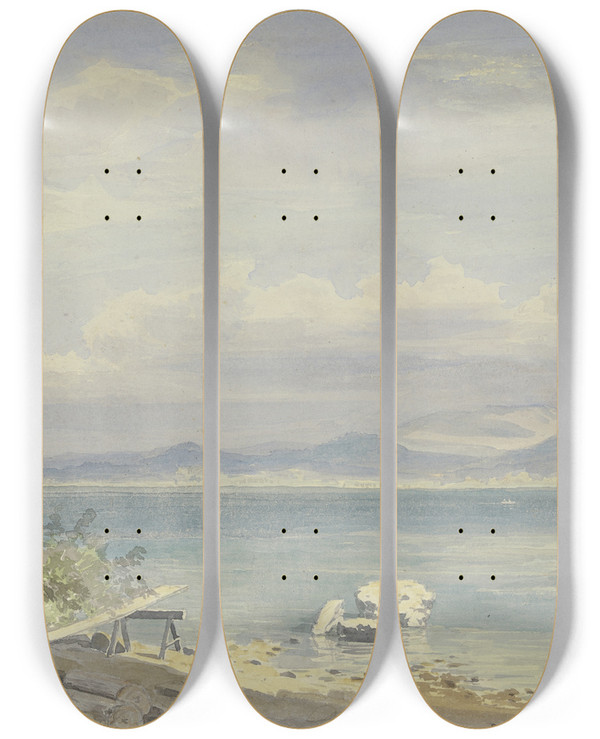 Triptych art skateboard deck of Friedrich Ernst Morgenstern Frauenchiemsee_2 by Friedrich Ernst Morgenstern (1853-1919)