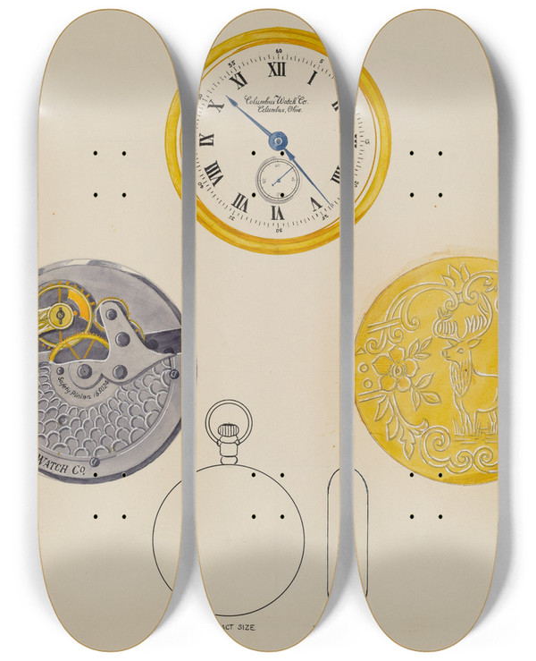 Triptych art skateboard deck of Harry G Aberdeen Gold Watch With Frame And Case by Harry G Aberdeen
