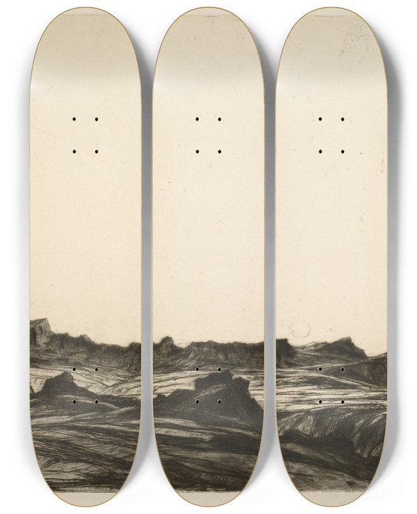 Triptych art skateboard deck of David Young Cameron Arran Peaks by David Young Cameron (1865-1945)