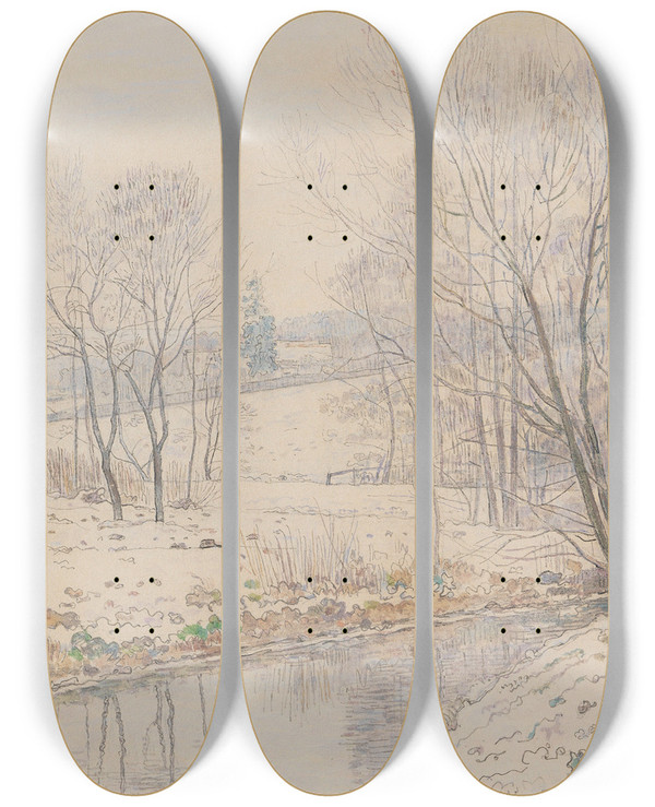 Triptych art skateboard deck of Paul Baum Flusslandschaft In Hessen by Paul Baum (1859-1932)