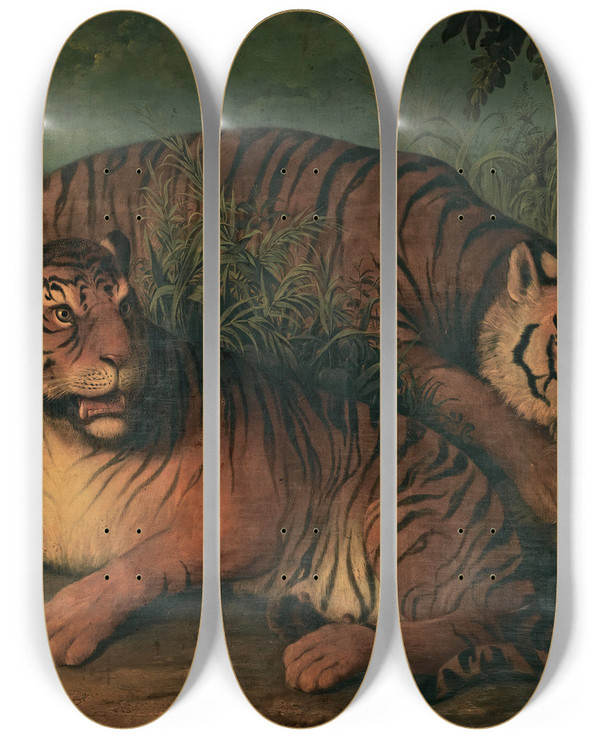 Triptych art skateboard deck of Continental School A Landscape With Bengal Tigers by Continental School