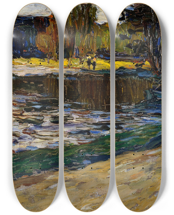 Triptych art skateboard deck of Wassily Kandinsky Munich English Garden by Wassily Kandinsky (1866-1944)