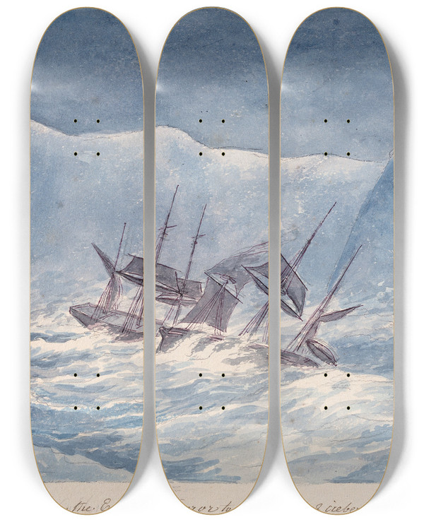 Triptych art skateboard deck of Charles Hamilton Smith Collision Between The Erebus Terrror To Windward Of Icebergs 13Th March 1842 by Charles Hamilton Smith (1776-1859)