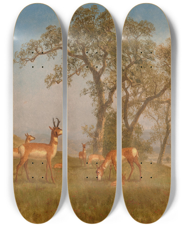 Triptych art skateboard deck of Albert Bierstadt Grazing Antelope by Albert Bierstadt (1830-1902)
