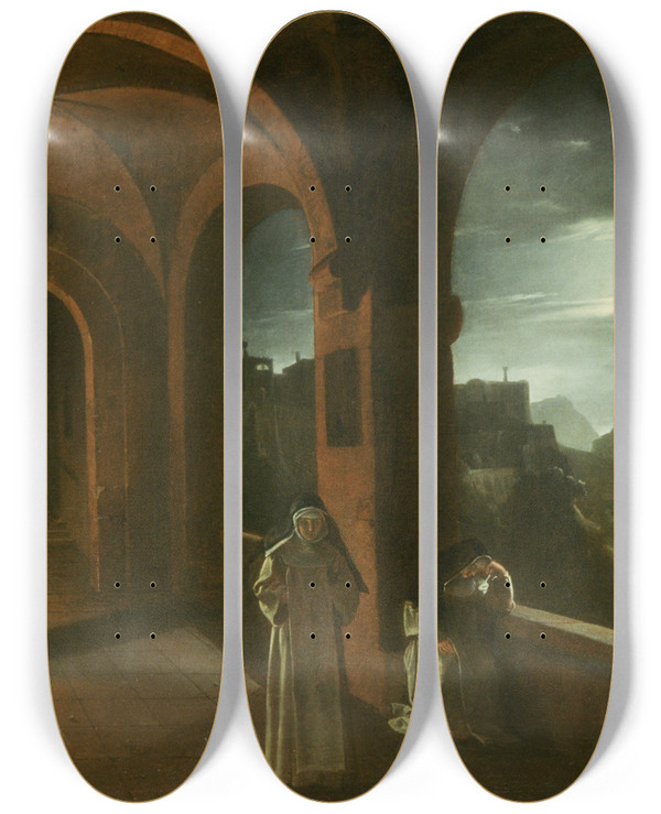 Triptych art skateboard deck of Franz Ludwig Catel Nuns In The Certosa Cloister Overlooking A Moonlit Sea Towards The Faraglioni Capri by Franz Ludwig Catel (1778-1856)