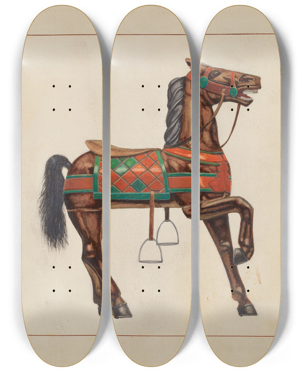 Triptych art skateboard deck of Ernest A Towers Jr Carousel Horse by Ernest A Towers Jr (20-)