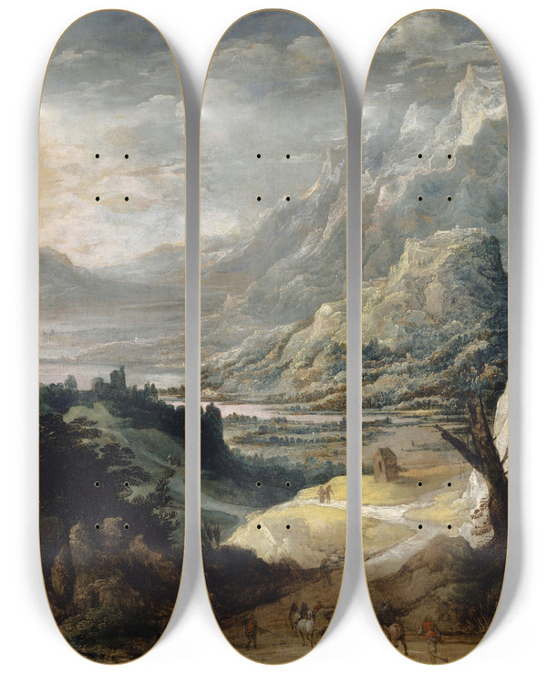 Triptych art skateboard deck of Joos De Momper Mountainous Landscape by Joos de Momper (1564-1634)