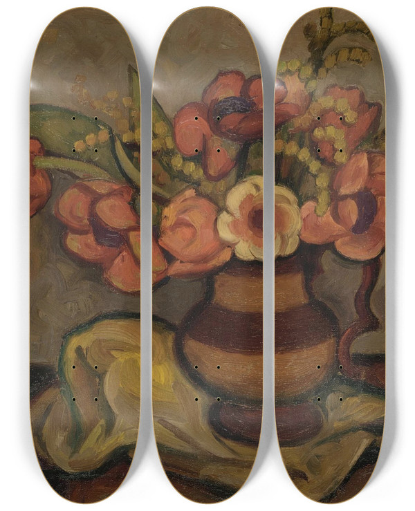 Triptych art skateboard deck of Mark Gertler Tulips And Mimosa by Mark Gertler (1891-1939)