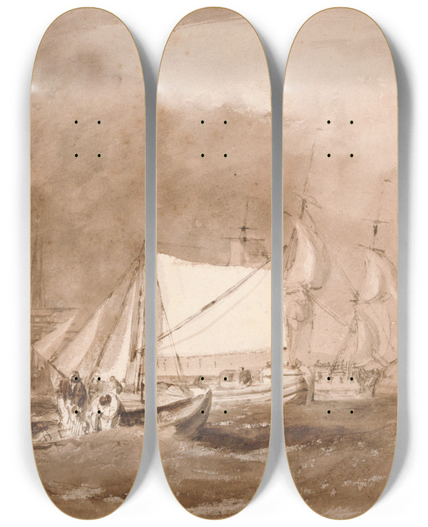 Triptych art skateboard deck of Joseph Mallord William Turner Shipping Scene With Fishermen by Joseph Mallord William Turner (1775-1851)