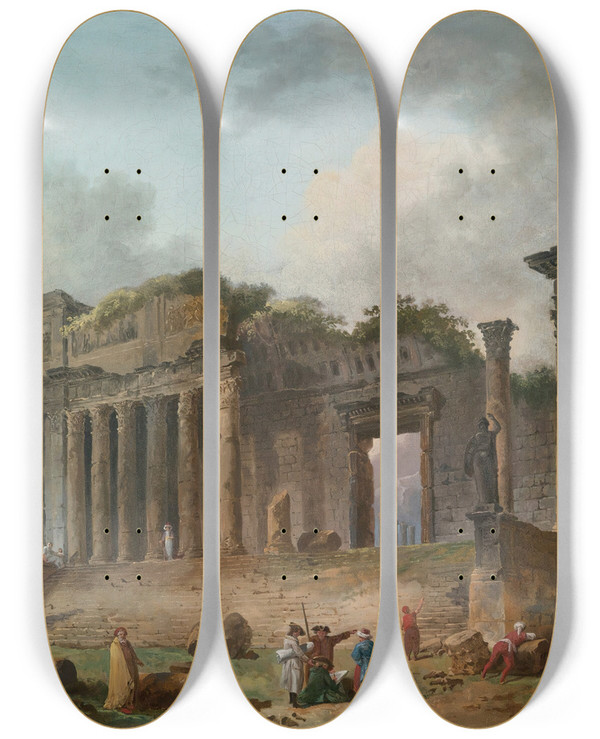 Triptych art skateboard deck of Hubert Robert An Architectural Capriccio With An Artist Sketching In The Foreground by Hubert Robert (1733-1808)