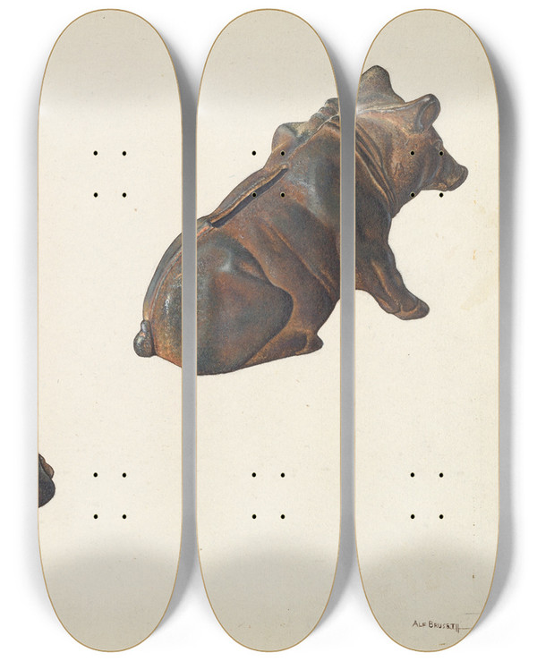 Triptych art skateboard deck of Alf Bruseth Prize Pig Coin Bank by Alf Bruseth