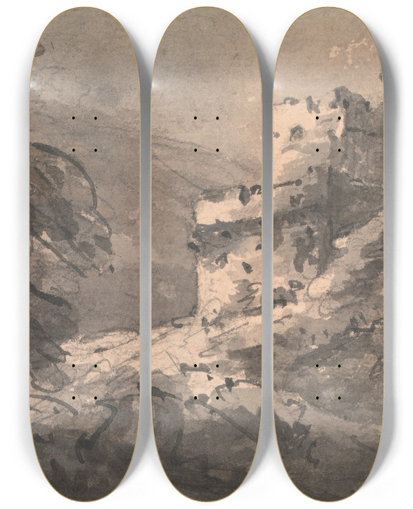 Triptych art skateboard deck of William Gilpin Landscape With A Ruined Castle On The Right by William Gilpin (1724-1804)