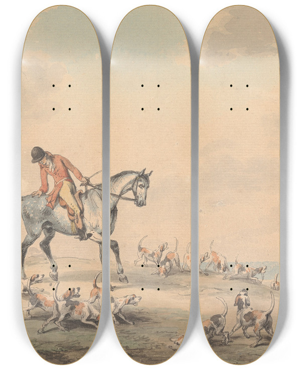 Triptych art skateboard deck of Samuel Howitt The Check_1 by Samuel Howitt (1756-1822)