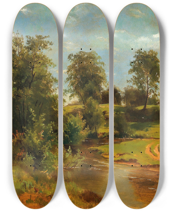 Triptych art skateboard deck of Tina Blau A Hilly Landscape With Creek by Tina Blau (1845-1916)