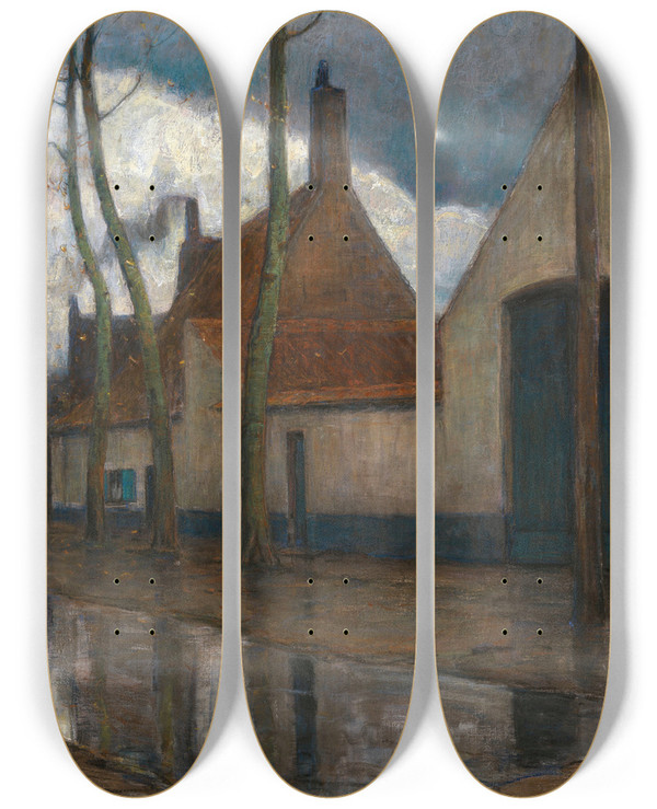 Triptych art skateboard deck of Frans Hens In The Suburbs by Frans Hens (1856-1928)