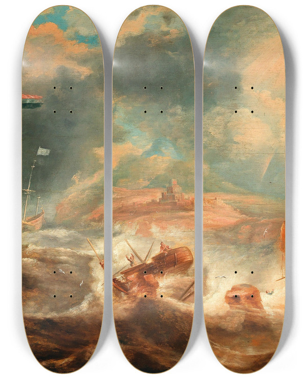 Triptych art skateboard deck of Jan Peeters The Elder A Shipwreck Off A Rocky Coast by Jan Peeters the elder (1624-1677)