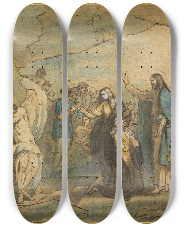 Triptych art skateboard deck of Benjamin West The Raising Of Lazarus by Benjamin West (1738-1820)