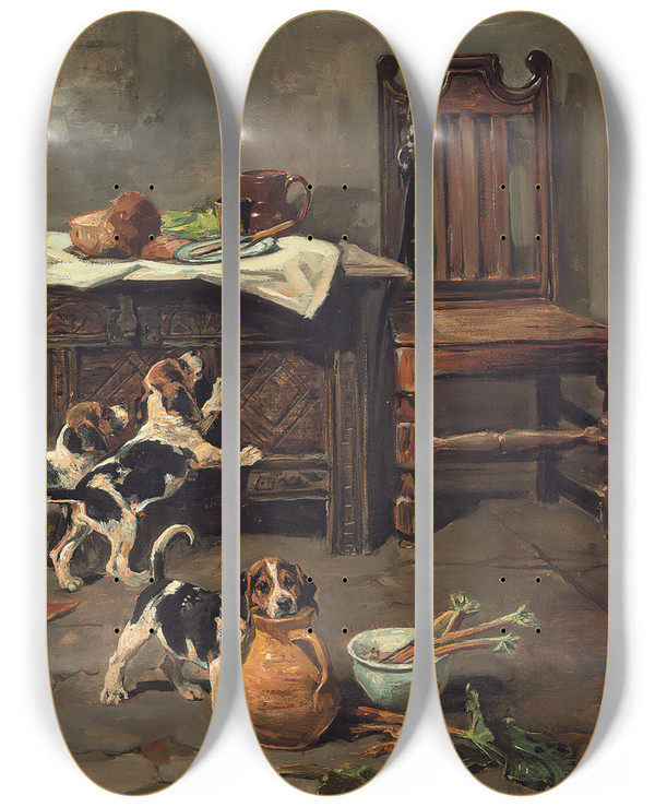 Triptych art skateboard deck of John Emms Hounds And Puppies In An Interior by John Emms (1843-1912)