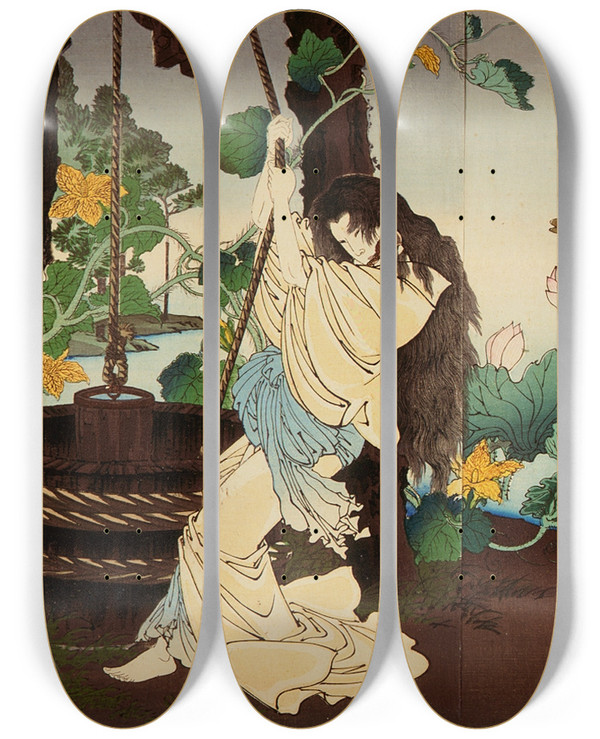 Triptych art skateboard deck of Tsukioka Yoshitoshi The Story Of Tamiya Btar by Tsukioka Yoshitoshi (1839-1892)