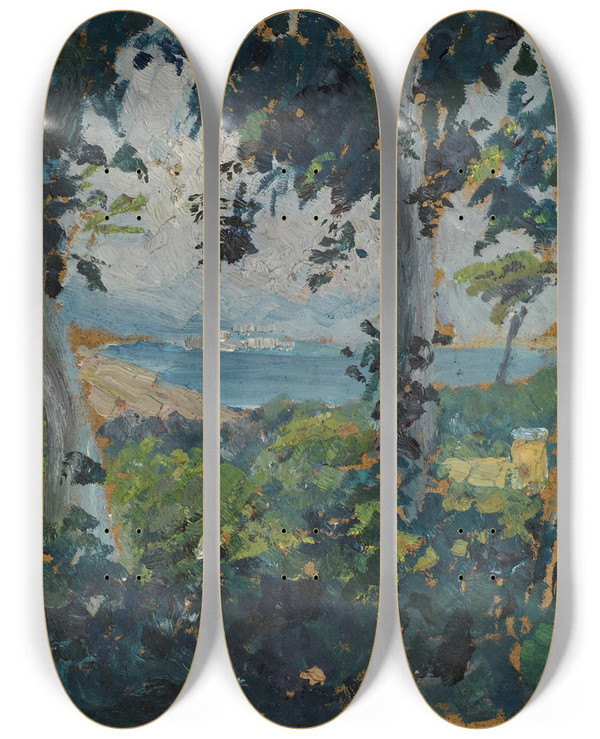 Triptych art skateboard deck of Ernst Schiess View Through Trees On A Southern Bay At Th Sea by Ernst Schiess (1872-1919)