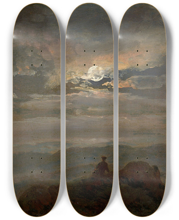 Triptych art skateboard deck of Johan Christian Dahl Moonlit Landscape Wanderer On A Mountain Top by Johan Christian Dahl (1788-1857)