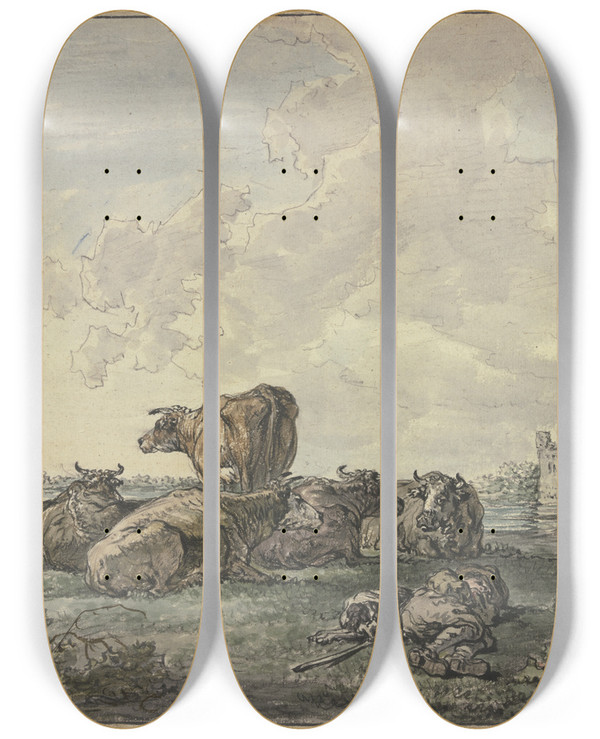 Triptych art skateboard deck of Jacob Van Strij Schlafender Hirte Und Rinderherde In Einer Landschaft by Jacob Van Strij (1756-1815)