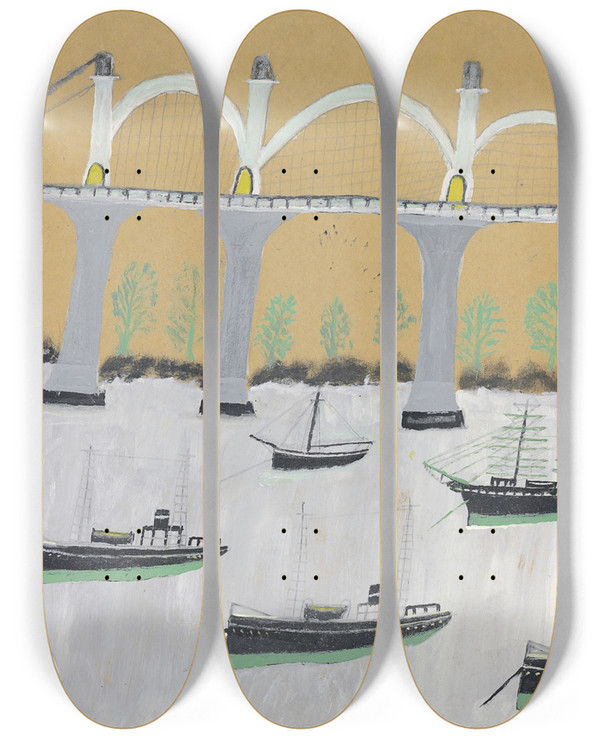 Triptych art skateboard deck of Alfred Wallis Saltash Bridge by Alfred Wallis (1855-1942)