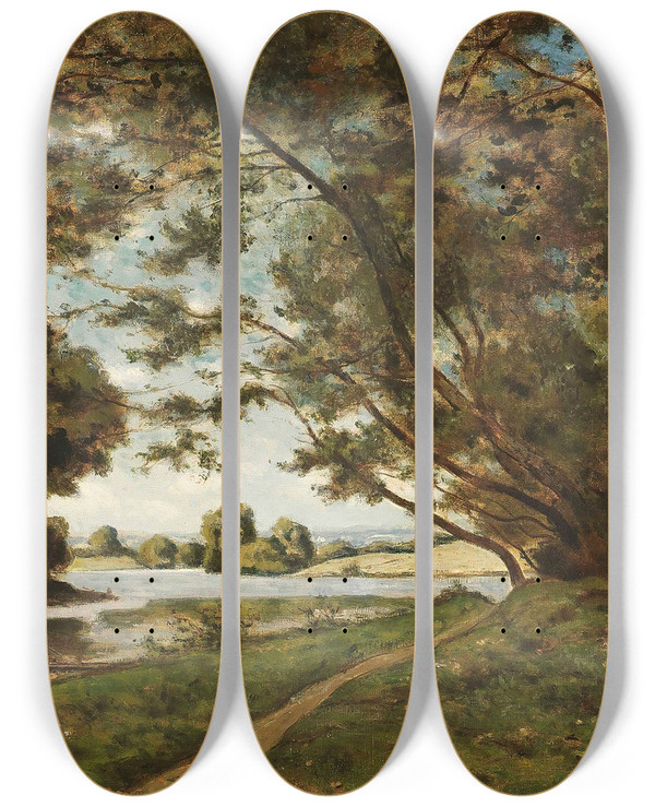 Triptych art skateboard deck of Henrijoseph Harpignies Le Sentier Au Prs De La Rivire by Henri Joseph Harpignies (1819-1916)