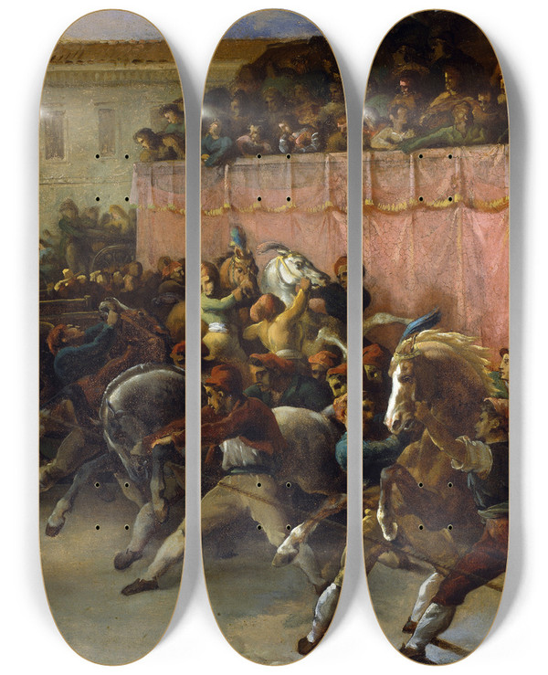 Triptych art skateboard deck of Thodore Gricault Riderless Racers At Rome by Theodore Gericault (1791-1824)
