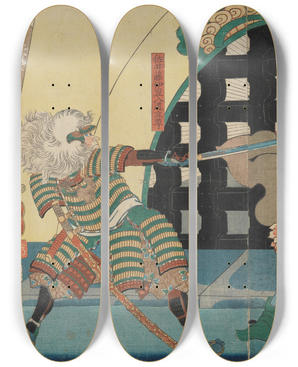 Triptych art skateboard deck of Tsukioka Yoshitoshi Lord Mashiba Subjugates Korea by Tsukioka Yoshitoshi (1839-1892)