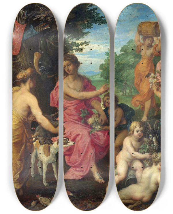 Triptych art skateboard deck of Hendrik Van Balen Bacchus And Diana by Hendrik Van Balen (1575-1632)