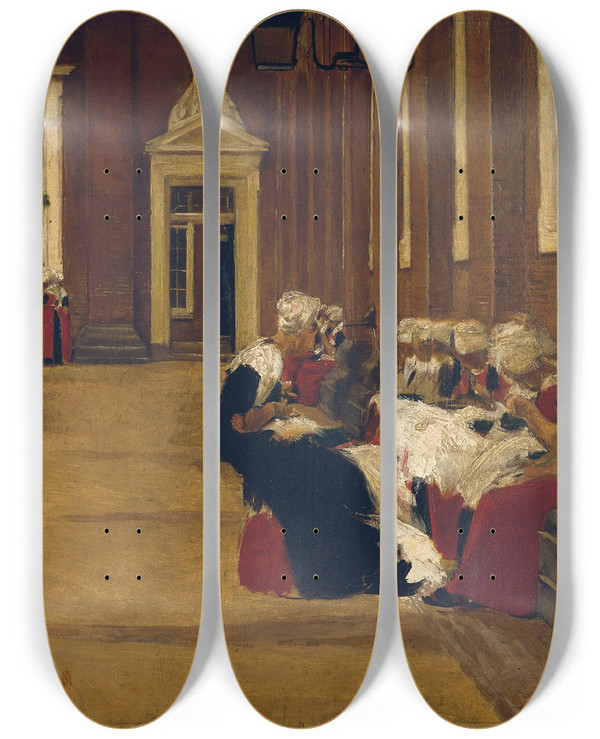 Triptych art skateboard deck of Max Liebermann Orphan Girls In Amsterdam by Max Liebermann (1847-1935)