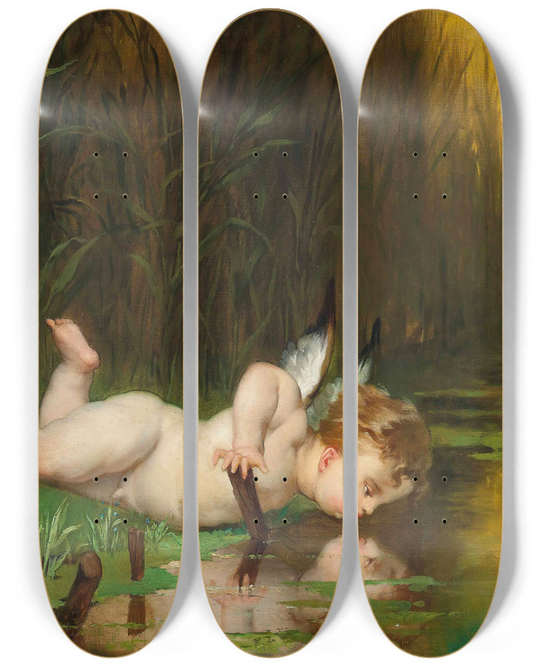 Triptych art skateboard deck of Emile Meyer Cupid And His Own Reflection by Emile Meyer (1823-1893)
