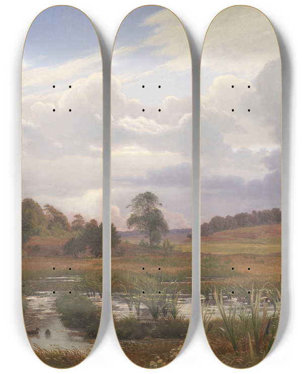 Triptych art skateboard deck of Vilhelm Kyhn Landscape Near The Forest Nordskoven Jgerspris Zealand by Vilhelm Kyhn (1819-1903)