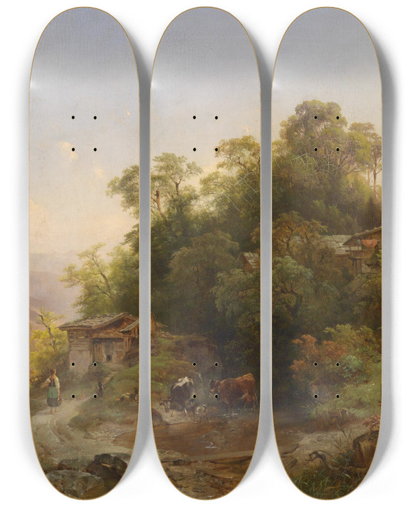 Triptych art skateboard deck of Anton Hansch Der Waldhgel by Anton Hansch (1813-1876)