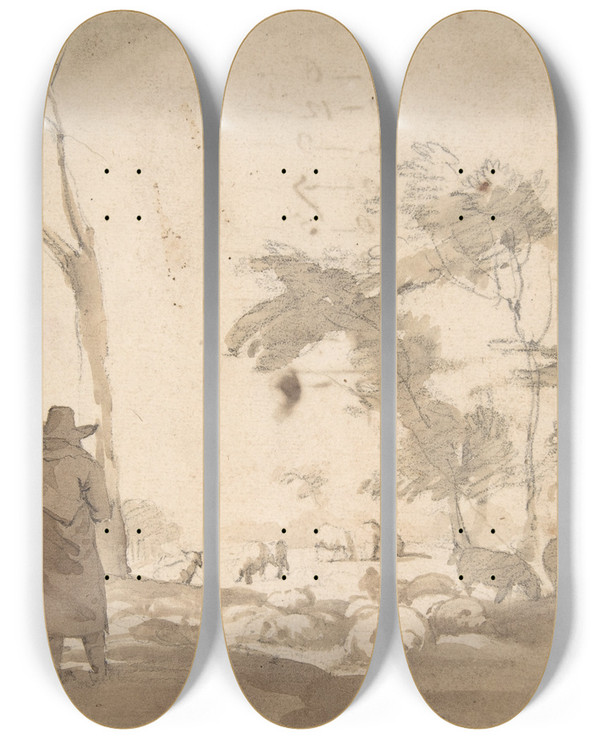 Triptych art skateboard deck of Jacob Van Der Does Landscape With Sheep And Two Figures by Jacob van der Does (1623-1673)