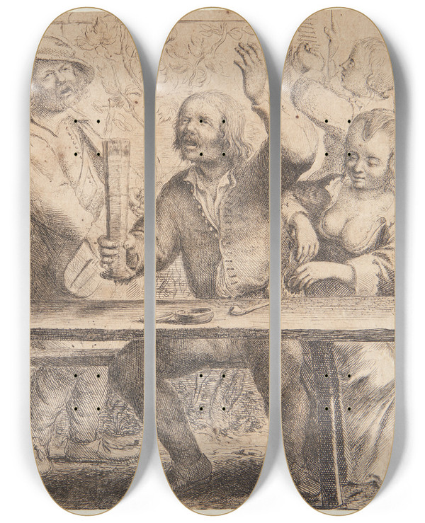 Triptych art skateboard deck of Jan Miense Molenaer Et Bordel by Jan Miense Molenaer (1610-1668)