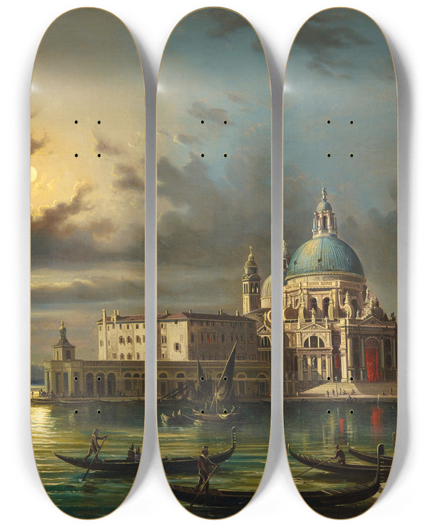 Triptych art skateboard deck of Giovanni Grubacs The Punta Della Dogana And Santa Maria Della Salute Venice In Moonlight by Giovanni Grubacs (1829-1919)