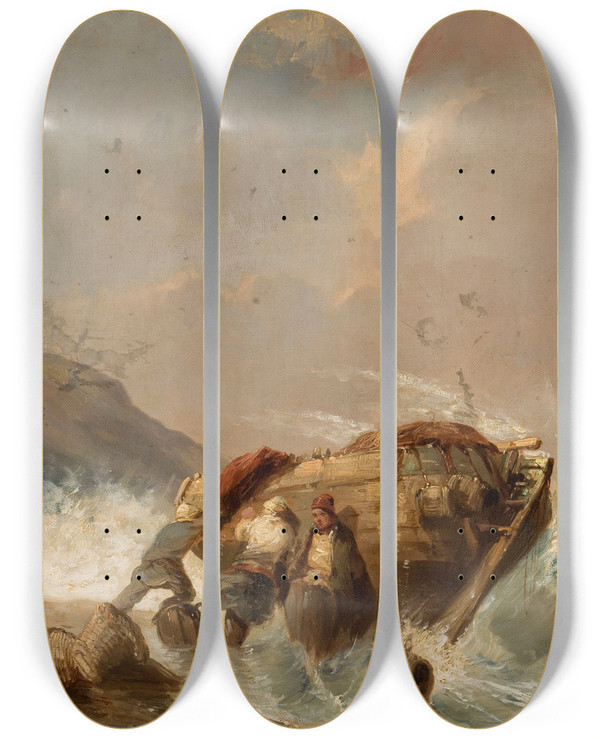 Triptych art skateboard deck of Eugne Isabey Fishing Boat At The Seaside by Eugene Isabey (1803-1886)