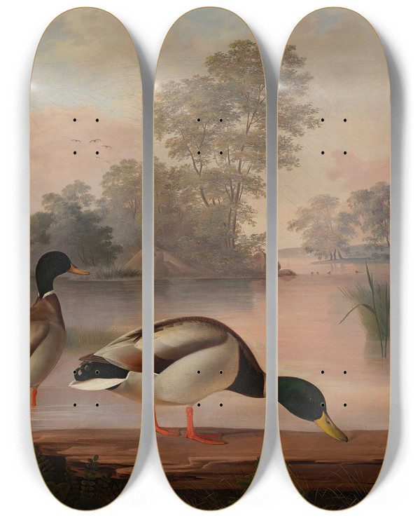 Triptych art skateboard deck of Magnus Von Wright Ducks by Magnus Von Wright (1805-1868)