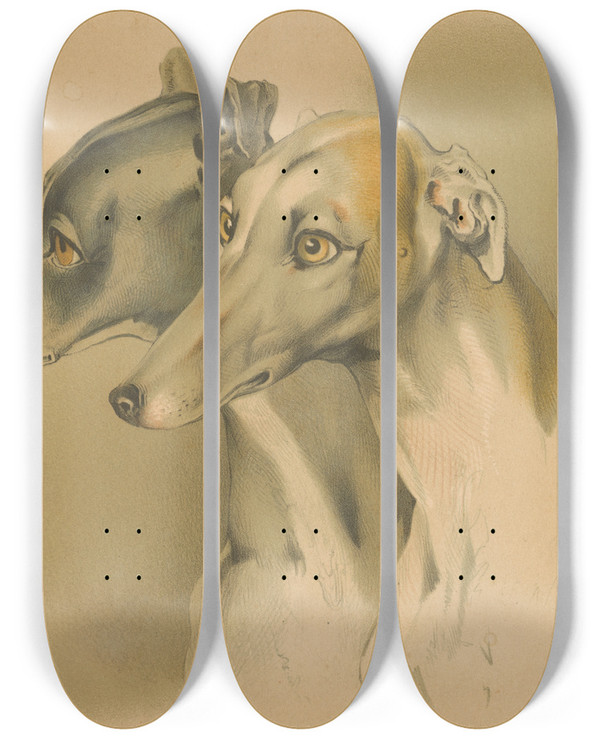 Triptych art skateboard deck of Johann Matthias Ranftl Hunting Dogs by Johann Matthias Ranftl (1804-1854)