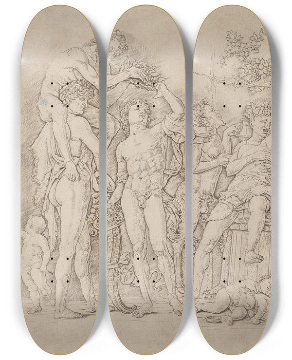 Triptych art skateboard deck of Andrea Mantegna Bacchanal With A Wine Vat_1 by Andrea Mantegna (1431-1506)